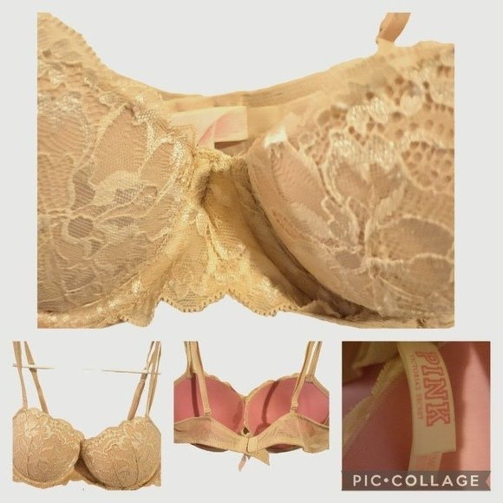 PINK By Victoria's Secret Beige Lace Lightly Lined Padded Demi Bra Vintage- 34C